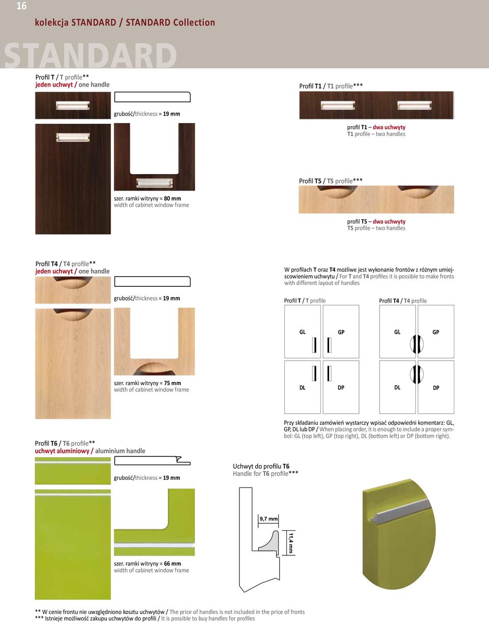 uchwytu / For T and T4 profiles it is possible to make fronts with different layout of handles Profil T / T profile Profil T4 / T4 profile GL GP GL GP szer.