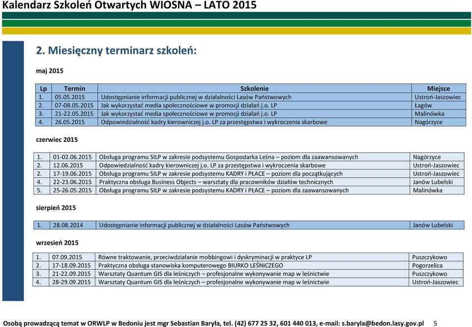 01-02.06.2015 Obsługa programu SILP w zakresie podsystemu Gospodarka Leśna poziom dla zaawansowanych Nagórzyce 2. 12.06.2015 Odpowiedzialność kadry kierowniczej j.o. LP za przestępstwa i wykroczenia skarbowe Ustroń-Jaszowiec 2.