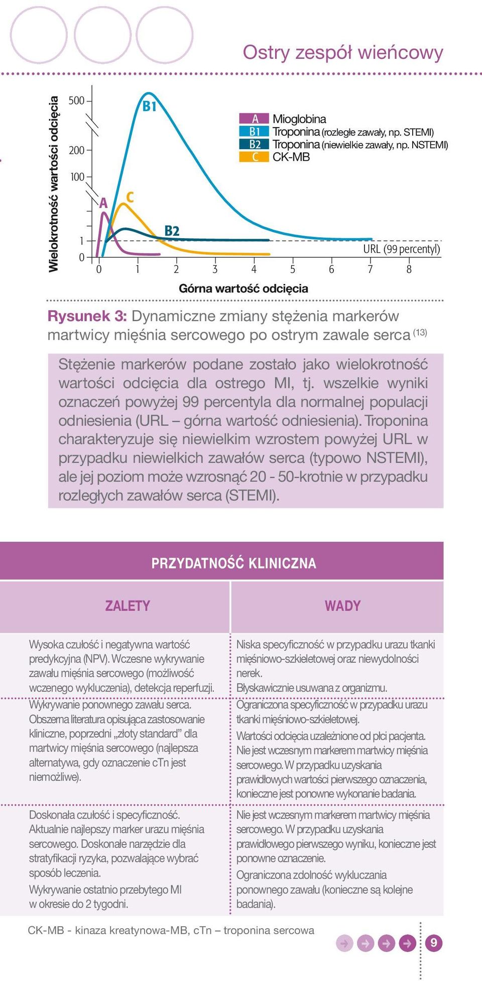 Troponina charakteryzuje się niewielkim wzrostem powyżej URL w przypadku niewielkich zawałów serca (typowo NSTEMI), ale jej poziom może wzrosnąć 20-50-krotnie w przypadku rozległych zawałów serca