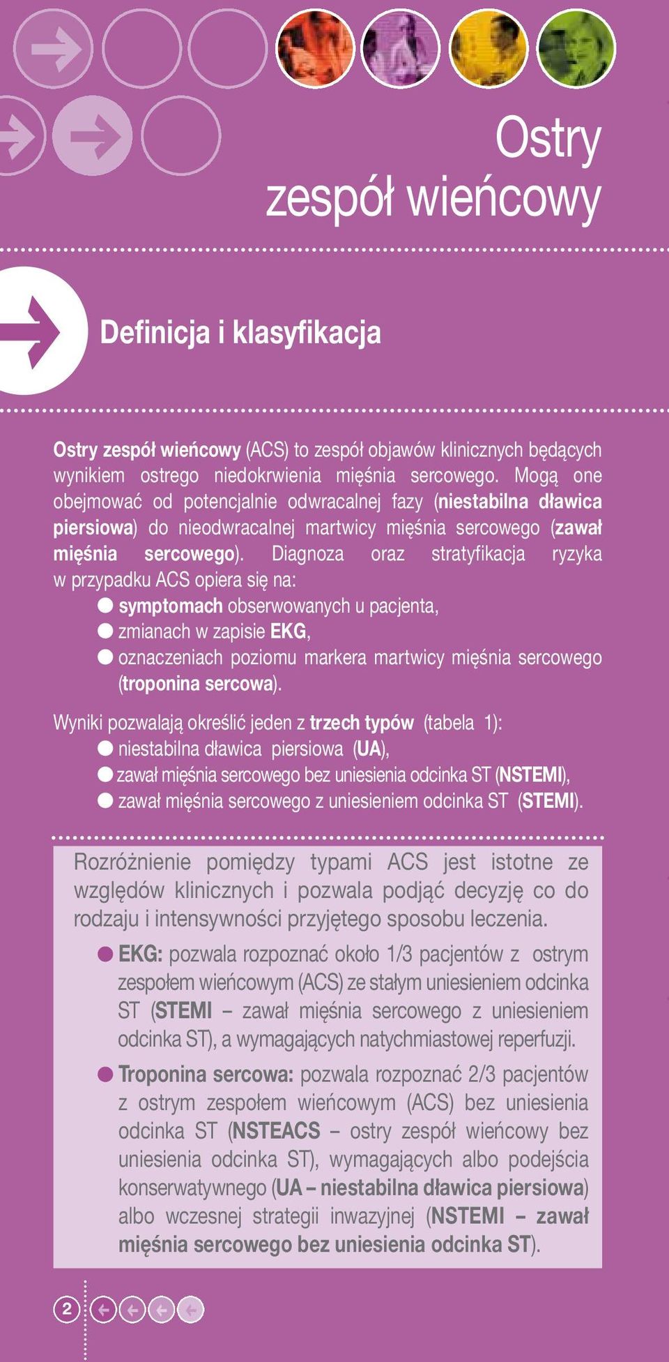 Diagnoza oraz stratyfikacja ryzyka w przypadku ACS opiera się na: symptomach obserwowanych u pacjenta, zmianach w zapisie EKG, oznaczeniach poziomu markera martwicy mięśnia sercowego (troponina