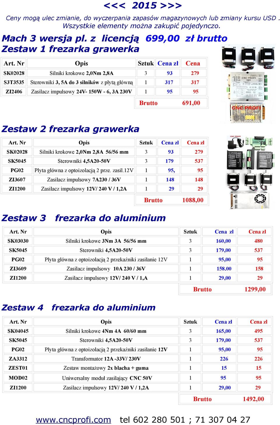 2V Brutto Cena 6,00 Zestaw 2 frezarka grawerka Opis Sztuk SK028 Silniki krokowe 2,0Nm 2,8A 6/6 mm 3 3 27 SK04 Sterowniki 4,A-0V 3 7 37 PG02 Płyta główna z optoizolacją 2 prze. zasil.