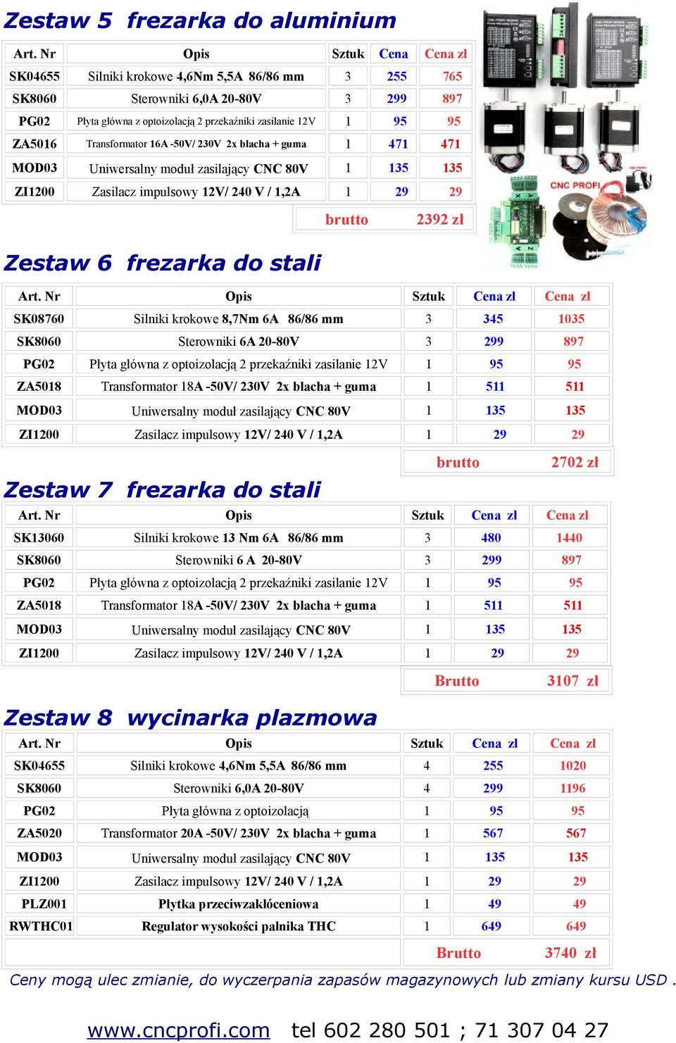 Silniki krokowe 8,7Nm 6A 86/86 mm 3 34 3 SK80 Sterowniki 6A -80V 3 2 87 PG02 Płyta główna z optoizolacją 2 przekaźniki zasilanie 2V ZA08 Transformator 8A -0V/ 2V 2x blacha + guma MOD03 Uniwersalny