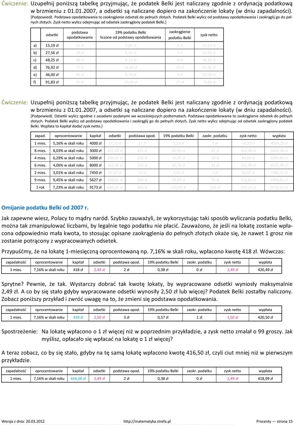 Podatek Belki wylicz od podstawy opodatkowania i zaokrąglij go do pełnych złotych. Zysk netto wylicz odejmując od odsetek zaokrąglony podatek Belki.