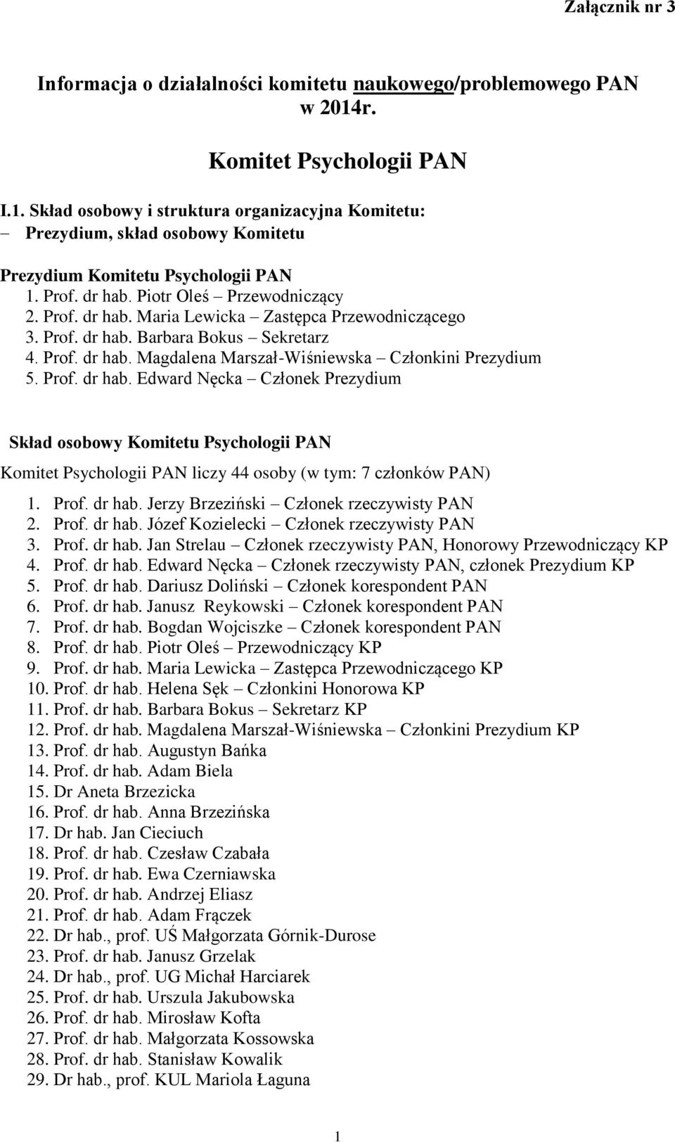 Prof. dr hab. Edward Nęcka Członek Prezydium Skład osobowy Komitetu Psychologii PAN Komitet Psychologii PAN liczy 44 osoby (w tym: 7 członków PAN) 1. Prof. dr hab. Jerzy Brzeziński Członek rzeczywisty PAN 2.