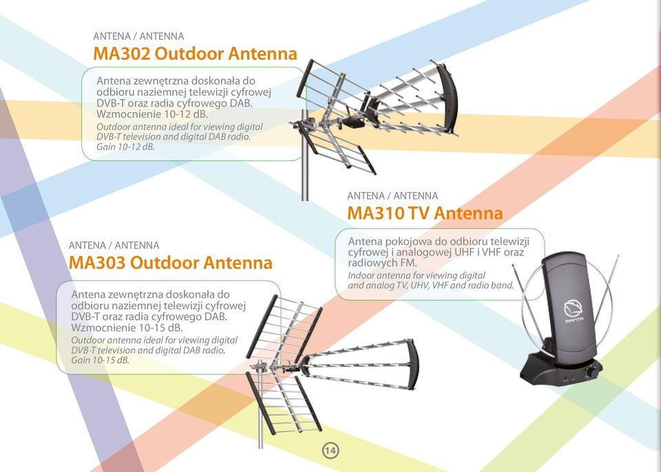 ANTENA / ANTENNA MA310 TV Antenna ANTENA / ANTENNA MA303 Outdoor Antenna Antena zewnętrzna doskonała do odbioru naziemnej telewizji cyfrowej DVB-T oraz radia cyfrowego DAB.