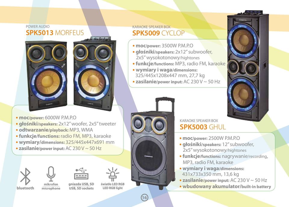 M.P.O głośniki/speakers: 2x12 woofer, 2x5 tweeter odtwarzanie/playback: MP3, WMA funkcje/functions: radio FM, MP3, karaoke wymiary/dimensions: 325/445x447x691 mm zasilanie/power input: AC 230 V ~ 50