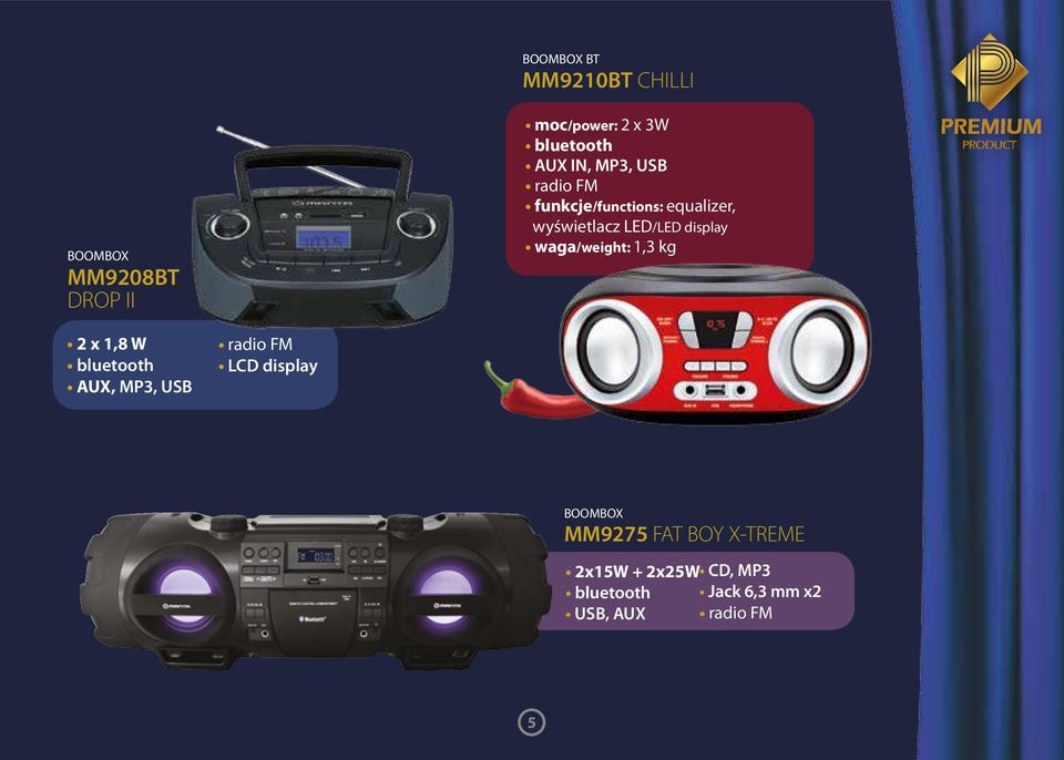 waga/weight: 1,3 kg 2 x 1,8 W bluetooth AUX, MP3, USB radio FM LCD display BOOMBOX