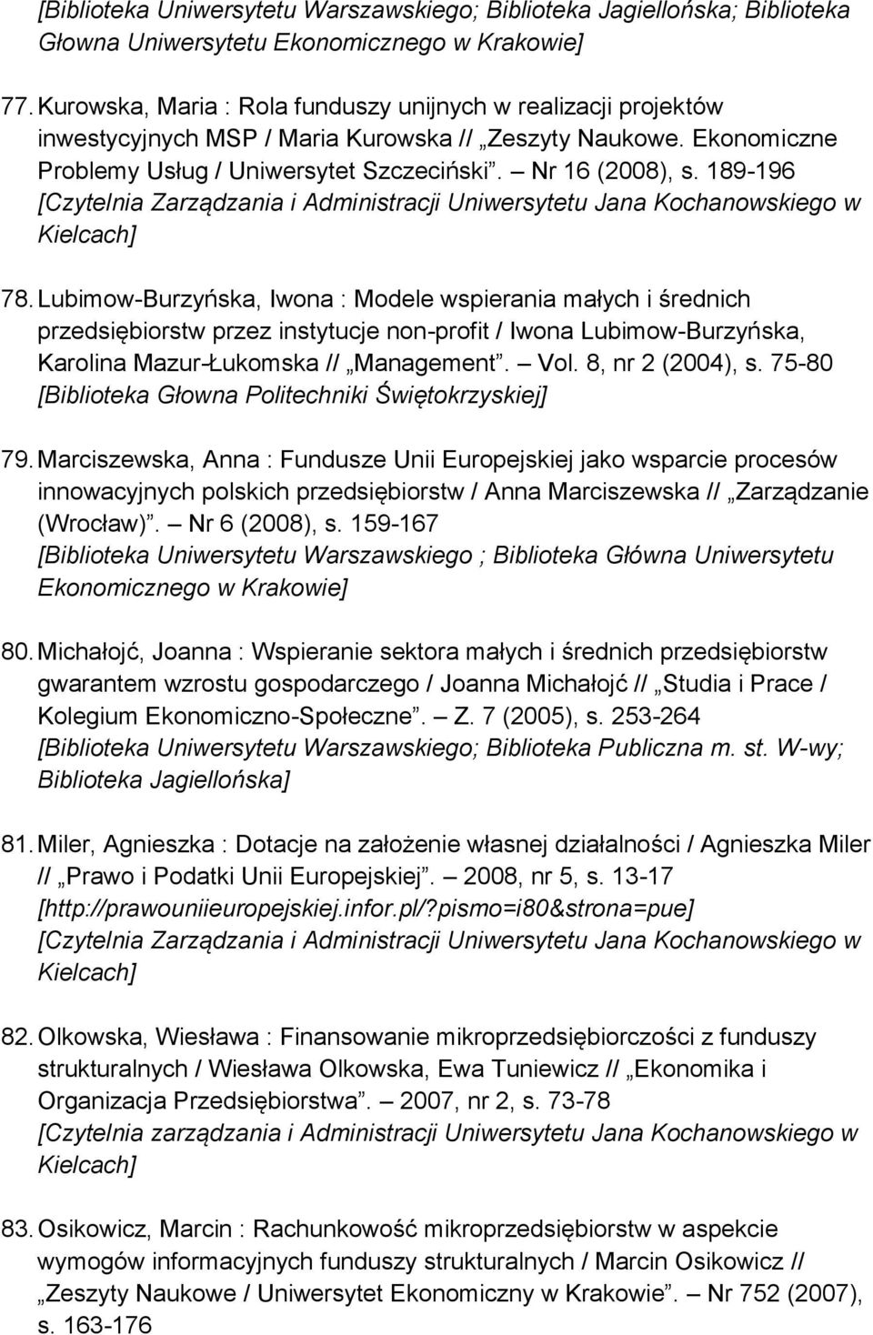 189-196 78. Lubimow-Burzyńska, Iwona : Modele wspierania małych i średnich przedsiębiorstw przez instytucje non-profit / Iwona Lubimow-Burzyńska, Karolina Mazur-Łukomska // Management. Vol.