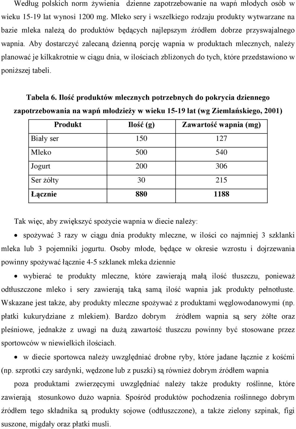 Aby dostarczyć zalecaną dzienną porcję wapnia w produktach mlecznych, należy planować je kilkakrotnie w ciągu dnia, w ilościach zbliżonych do tych, które przedstawiono w poniższej tabeli. Tabela 6.