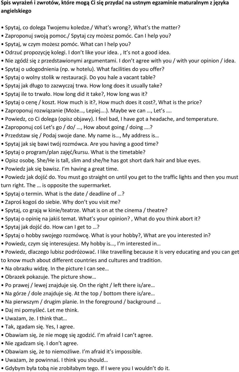 Nie zgódź się z przedstawionymi argumentami. I don t agree with you / with your opinion / idea. Spytaj o udogodnienia (np. w hotelu). What facilities do you offer? Spytaj o wolny stolik w restauracji.