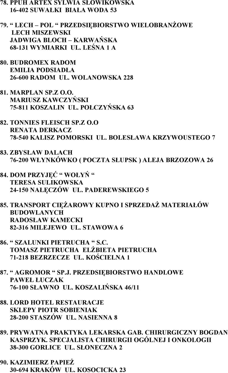 BOLESŁAWA KRZYWOUSTEGO 7 83. ZBYSŁAW DALACH 76-200 WŁYNKÓWKO ( POCZTA SŁUPSK ) ALEJA BRZOZOWA 26 84. DOM PRZYJĘĆ WOŁYŃ TERESA SULIKOWSKA 24-150 NAŁĘCZÓW UL. PADEREWSKIEGO 5 85.