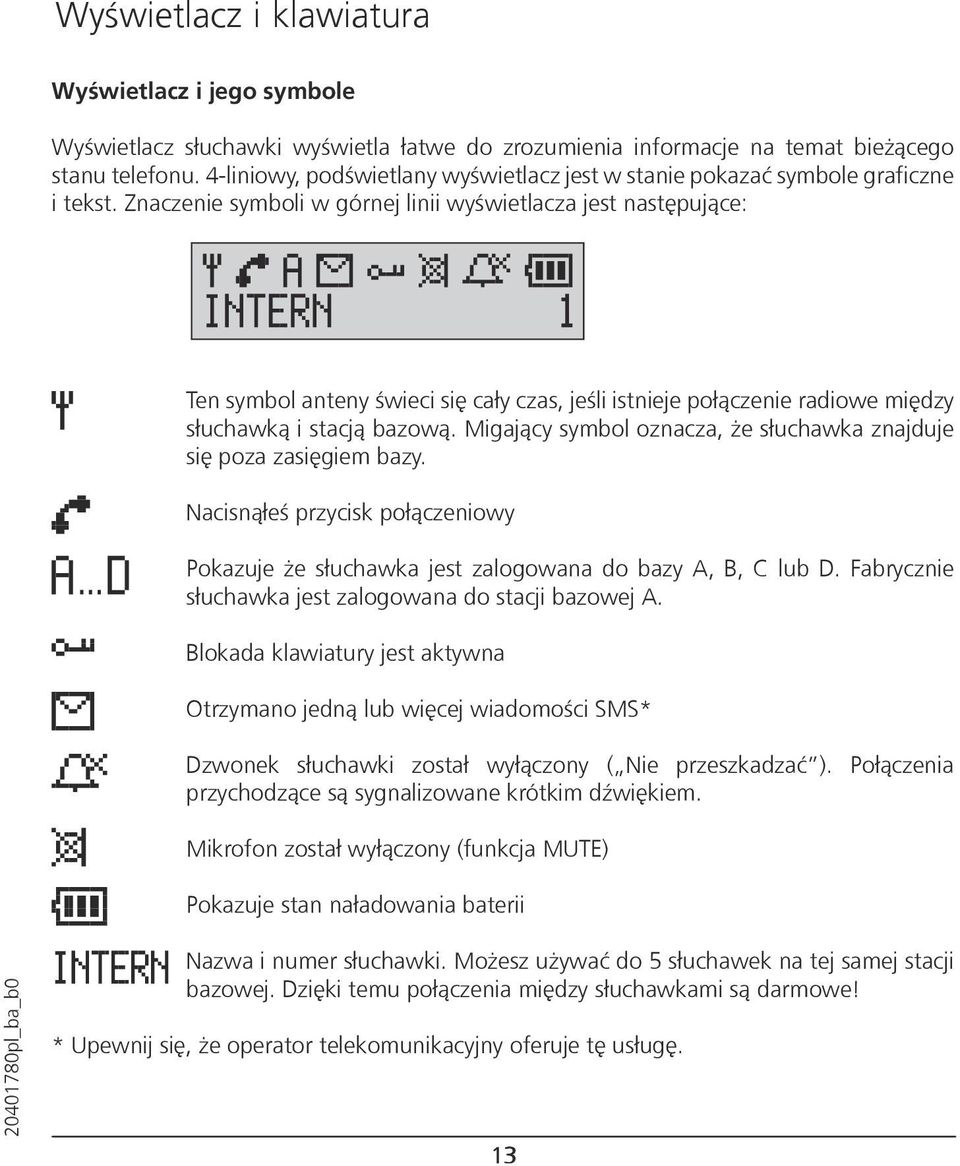 Znaczenie symboli w górnej linii wyświetlacza jest następujące: Ten symbol anteny świeci się cały czas, jeśli istnieje połączenie radiowe między słuchawką i stacją bazową.