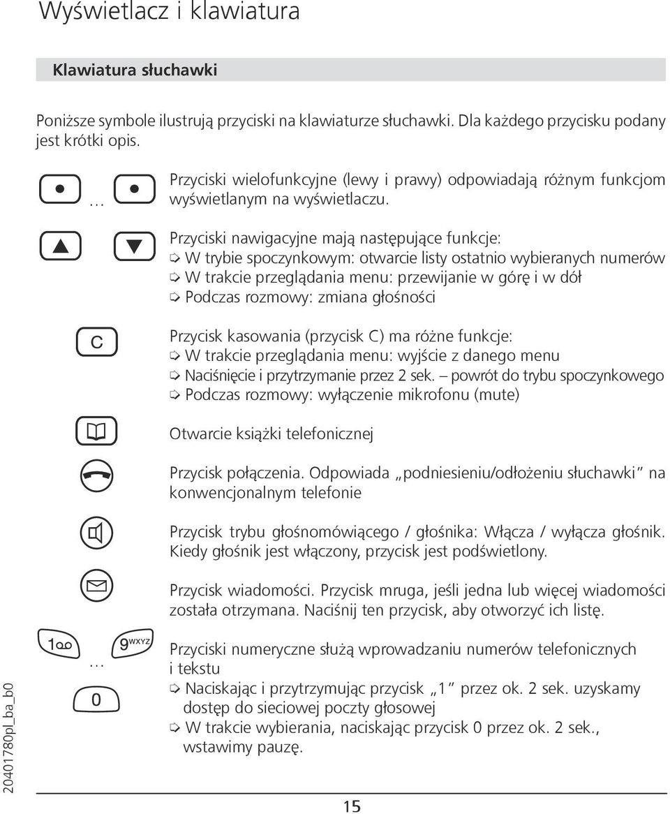 Przyciski nawigacyjne mają następujące funkcje: Wtrybie spoczynkowym: otwarcie listy ostatnio wybieranych numerów W trakcie przeglądania menu: przewijanie w górę i w dół Podczas rozmowy: zmiana