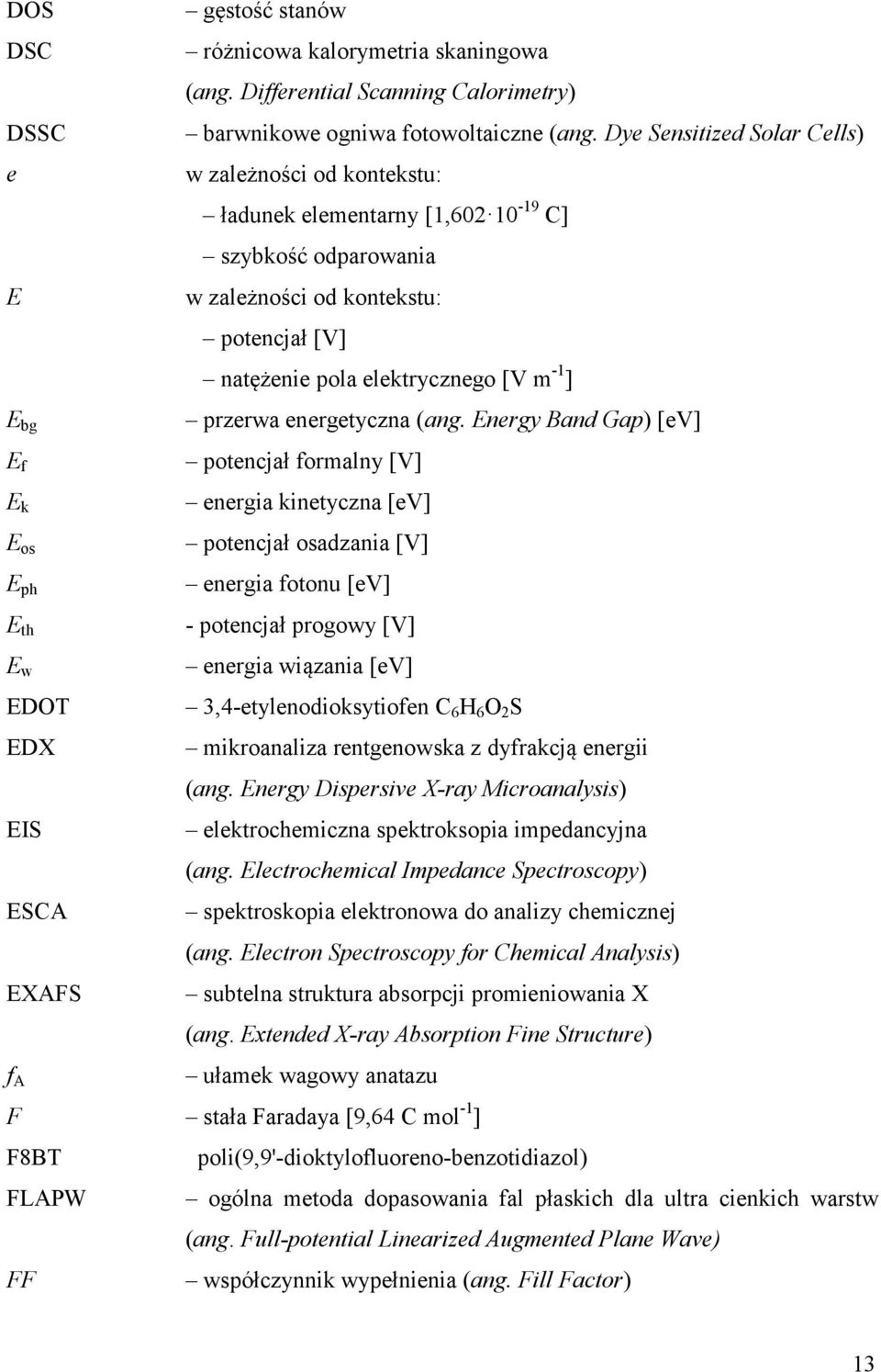 bg E f E k E os E ph E th E w EDOT EDX EIS ESCA EXAFS f A przerwa energetyczna (ang.