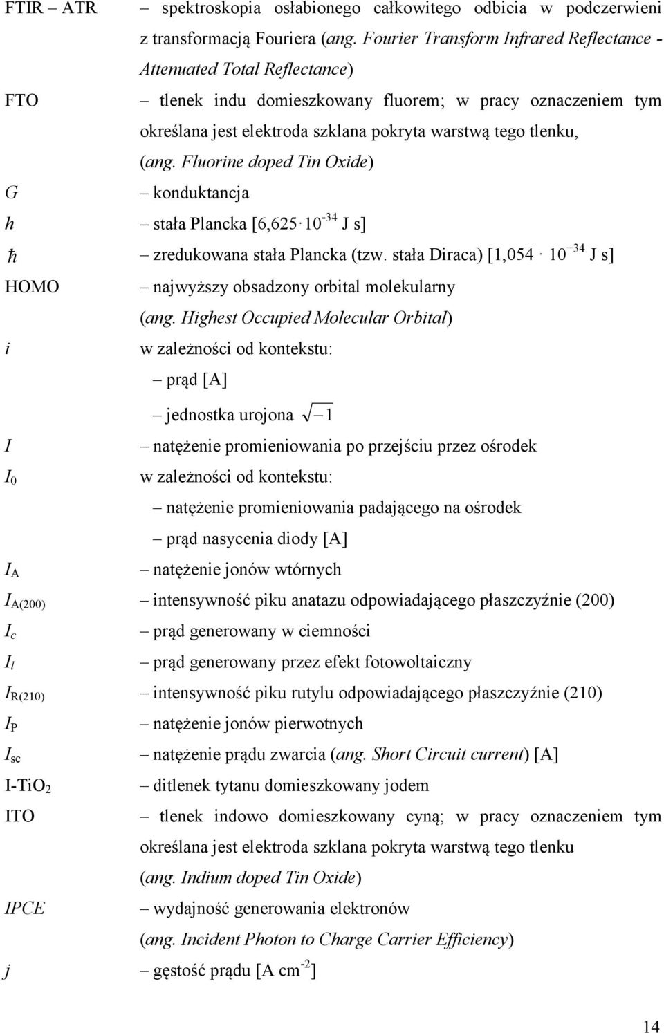 Fluorine doped Tin Oxide) konduktancja h stała Plancka [6,625 10-34 J s] zredukowana stała Plancka (tzw. stała Diraca) [1,054 10 34 J s] HOMO i I I 0 I A najwyższy obsadzony orbital molekularny (ang.