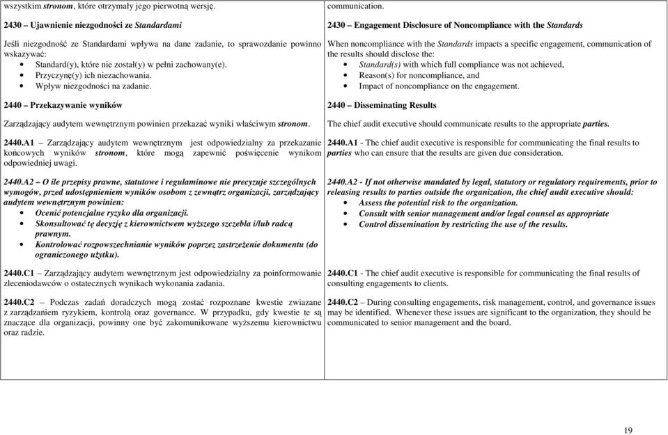 Przyczynę(y) ich niezachowania. Wpływ niezgodności na zadanie. 2440 Przekazywanie wyników Zarządzający audytem wewnętrznym powinien przekazać wyniki właściwym stronom. communication.