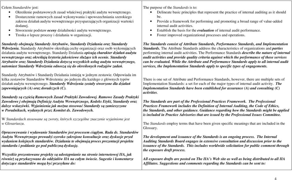 Stworzenie podstaw oceny działalności audytu wewnętrznego. Troska o lepsze procesy i działania w organizacji. Standardy obejmują Standardy Atrybutów, Standardy Działania oraz Standardy Wdrożenia.