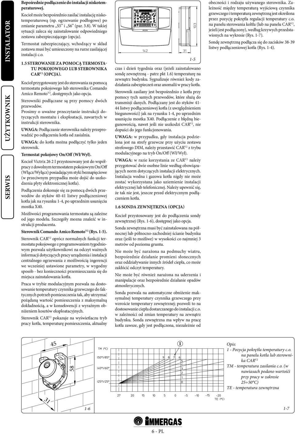 Termostat zabezpieczający, wchodzący w skład zestawu musi być umieszczony na rurze zasilającej instalacji c.o. 1.5 STEROWANIE za pomocą termostatu pokojowego lub sterownika CAR V2 (OPCJA).