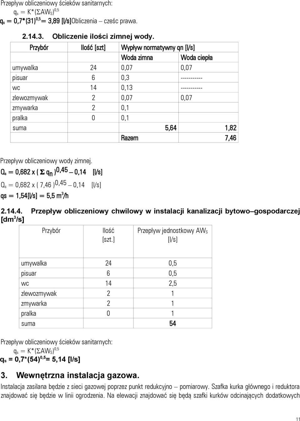 5,64 1,82 Razem 7,46 Przepływ obliczeniowy wody zimnej. Q s = 0,682 x ( Σ q n ) 0,45 0,14 [l/s] Q s = 0,682 x ( 7,46 )0,45 0,14 [l/s] qs = 1,54[l/s] = 5,5 m 3 /h 2.14.4. Przepływ obliczeniowy chwilowy w instalacji kanalizacji bytowo gospodarczej [dm 3 /s] Przybór Ilość [szt.