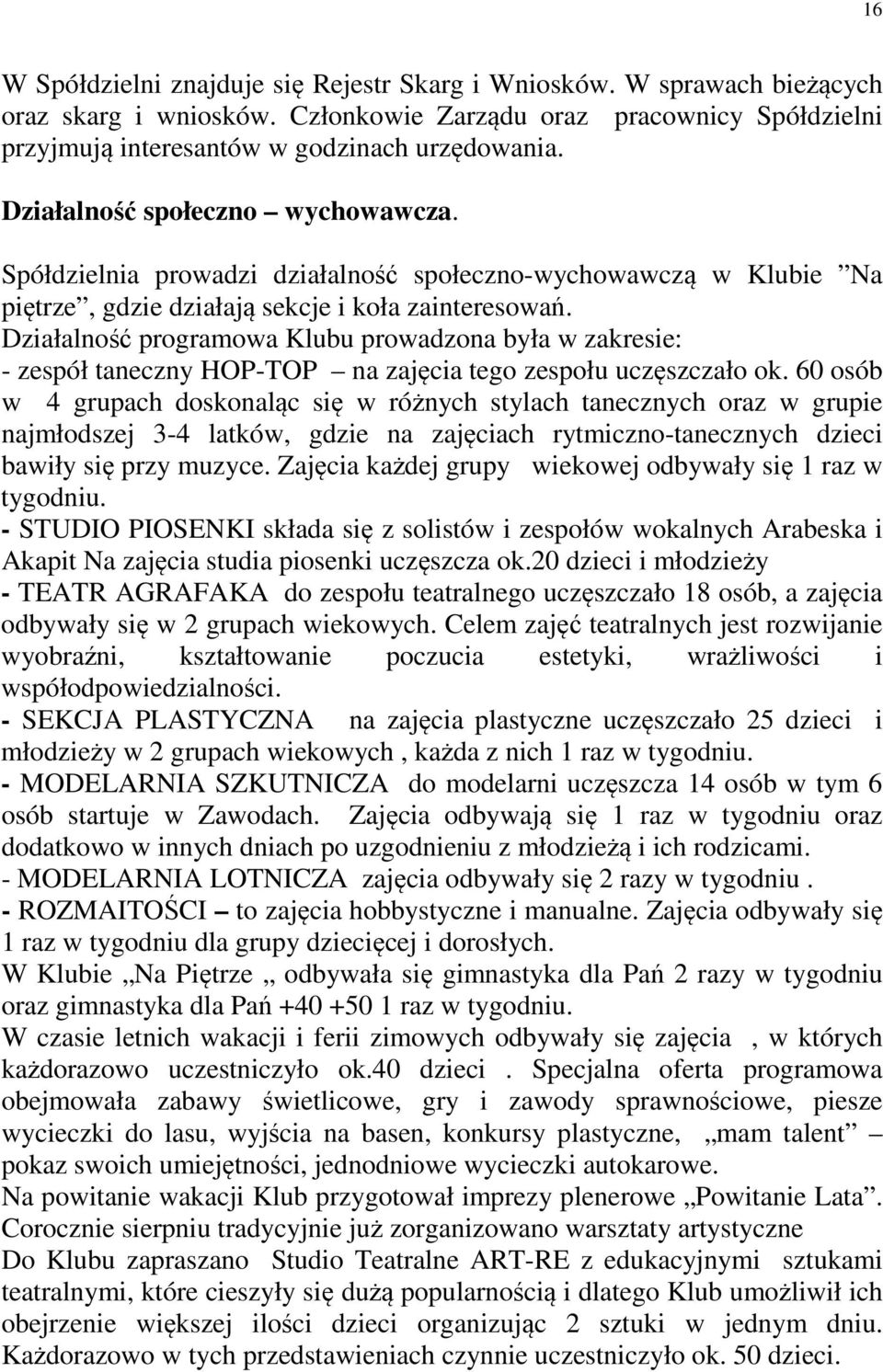 Działalność programowa Klubu prowadzona była w zakresie: - zespół taneczny HOP-TOP na zajęcia tego zespołu uczęszczało ok.