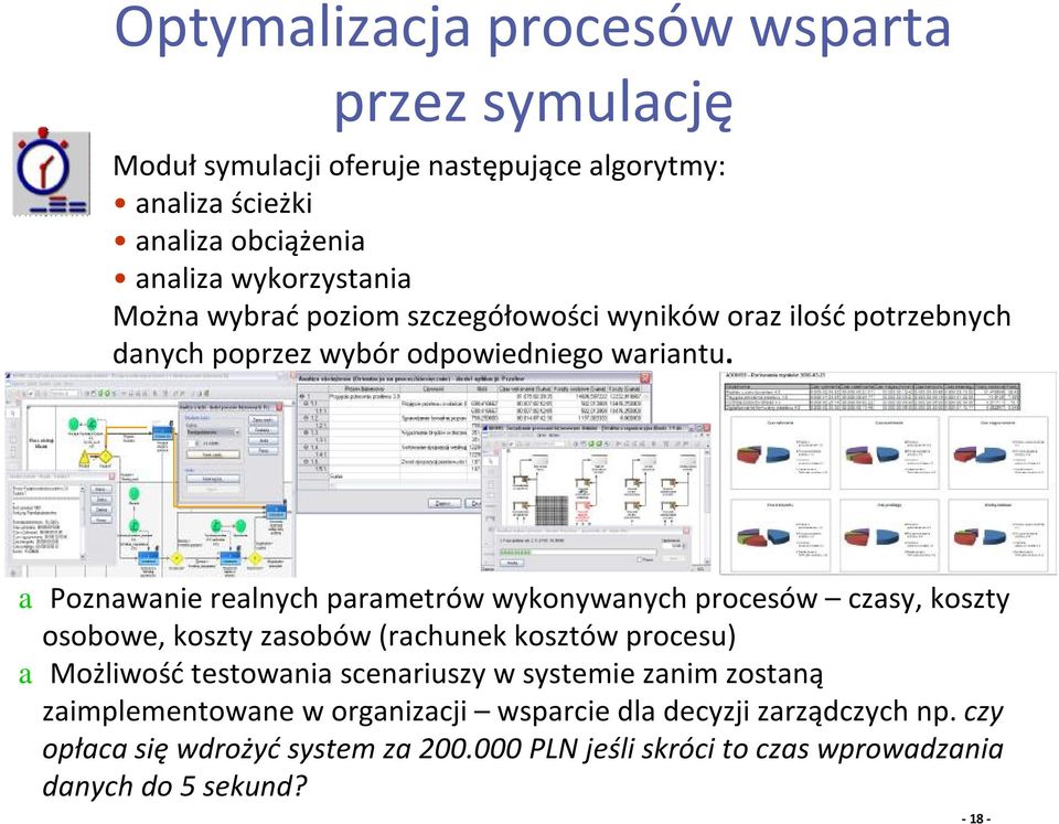 apoznawanie realnych parametrów wykonywanych czasy, koszty osobowe, koszty zasobów (rachunek kosztów procesu) amożliwośćtestowania scenariuszy w