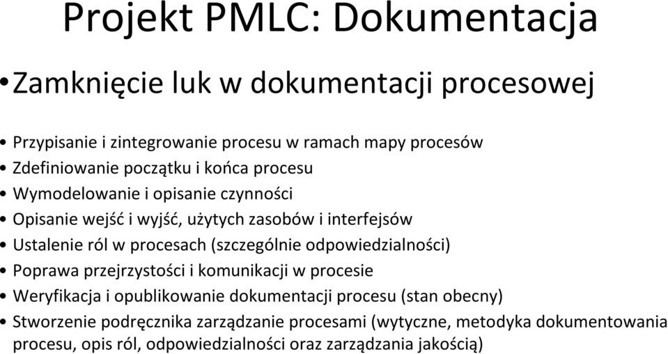 (szczególnie odpowiedzialności) Poprawa przejrzystości i komunikacji w procesie Weryfikacja i opublikowanie dokumentacji procesu (stan