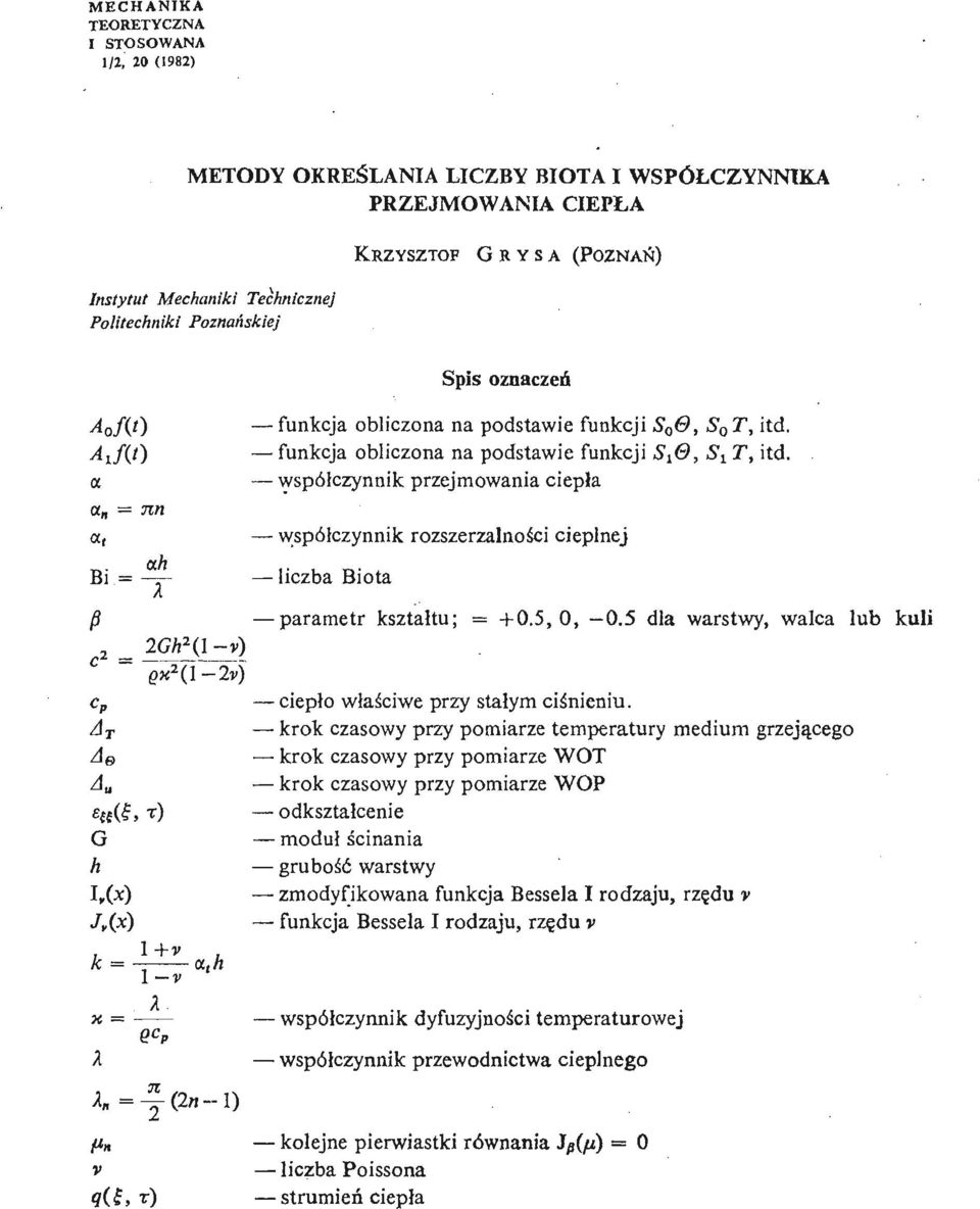 współ czynnik przejmowania ciepł a a n m Tin <x t współ czynnik rozszerzalnoś ci cieplnej Bi = r- liczba Biota A /? parametr kształ tu; = + 0.5,0, 0.