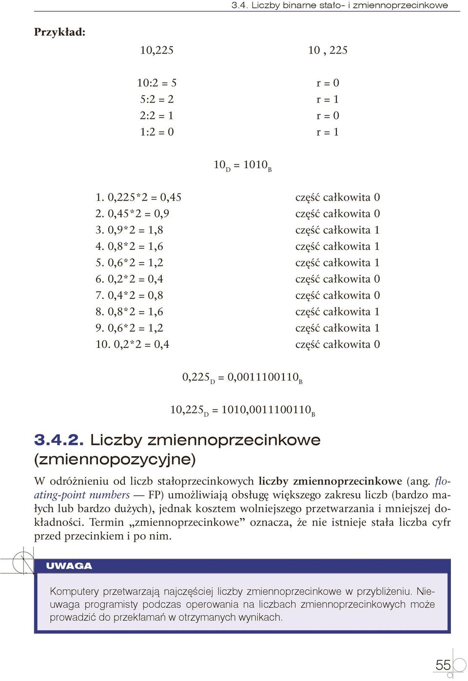 0,8*2 = 1,6 część całkowita 1 9. 0,6*2 = 1,2 część całkowita 1 10. 0,2*2 = 0,4 część całkowita 0 0,225 D = 0,0011100110 B 10,225 D = 1010,0011100110 B 3.4.2. Liczby zmiennoprzecinkowe (zmiennopozycyjne) W odróżnieniu od liczb stałoprzecinkowych liczby zmiennoprzecinkowe (ang.