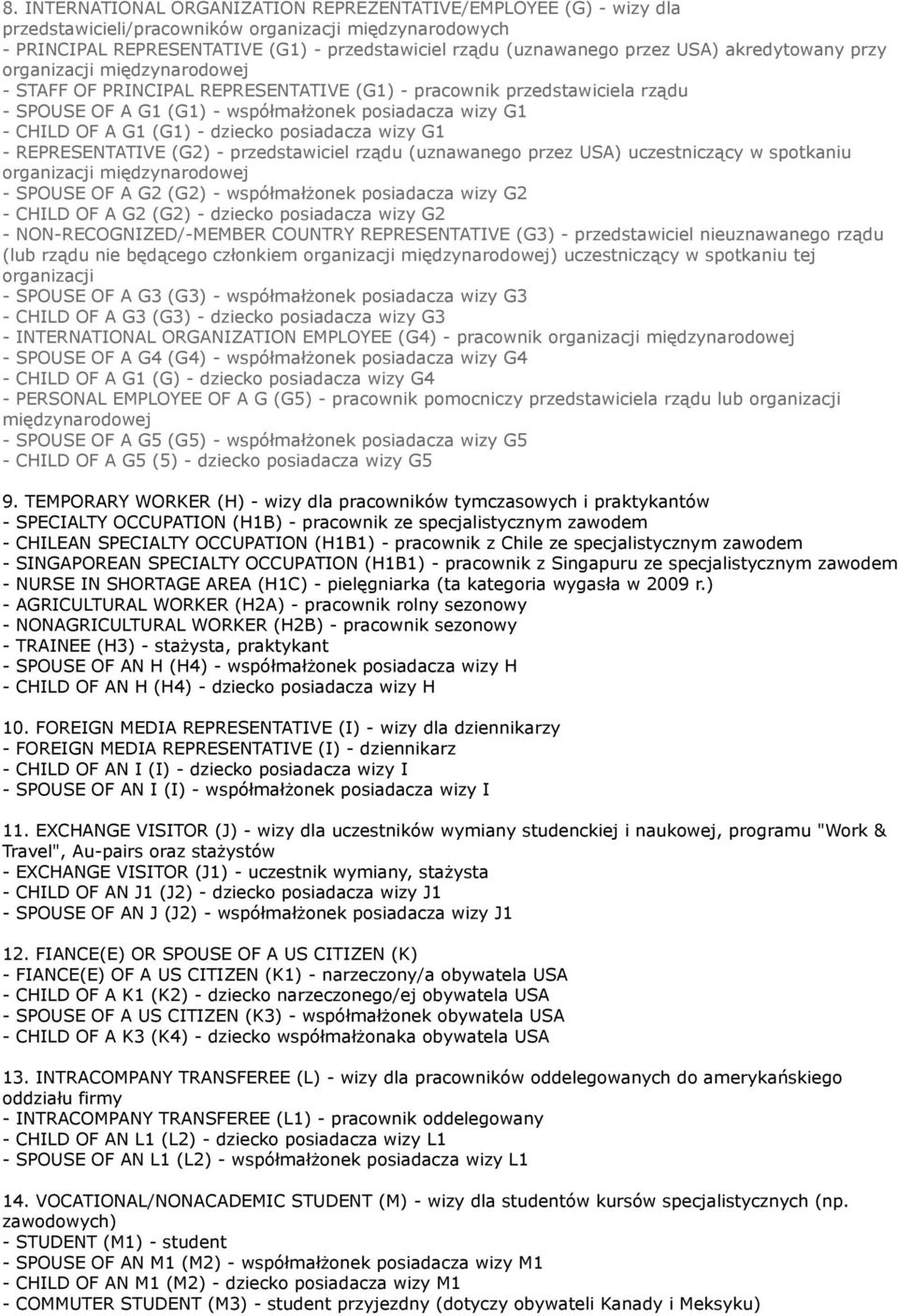 (G1) - dziecko posiadacza wizy G1 - REPRESENTATIVE (G2) - przedstawiciel rządu (uznawanego przez USA) uczestniczący w spotkaniu organizacji międzynarodowej - SPOUSE OF A G2 (G2) - współmałżonek