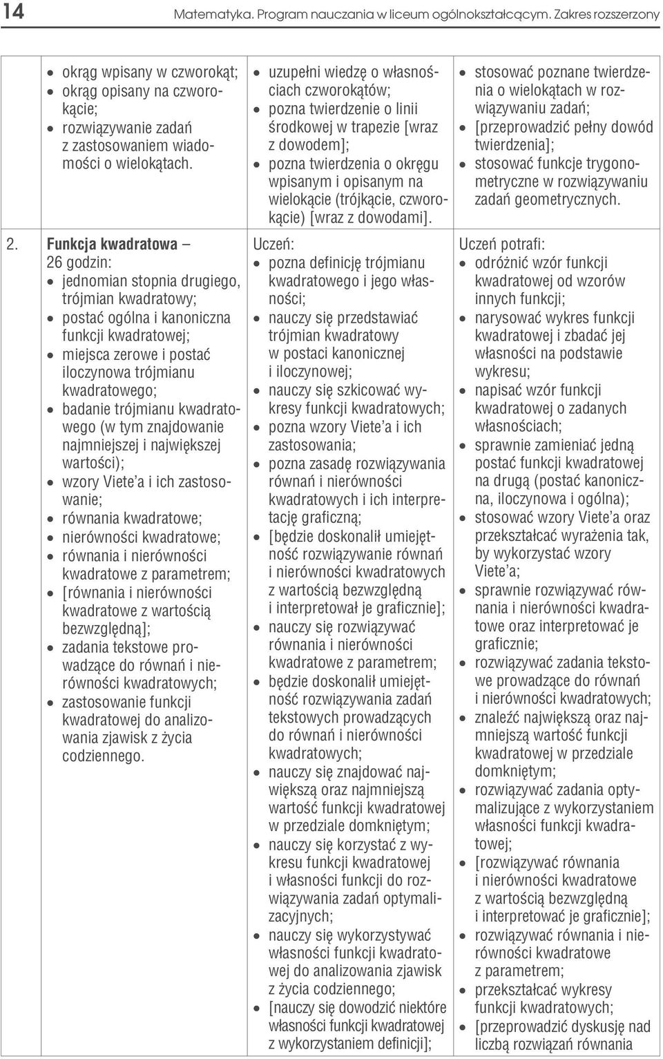 trójmianu kwadratowego (w tym znajdowanie najmniejszej i najwiêkszej wartoœci); wzory Viete a i ich zastosowanie; równania kwadratowe; nierównoœci kwadratowe; równania i nierównoœci kwadratowe z