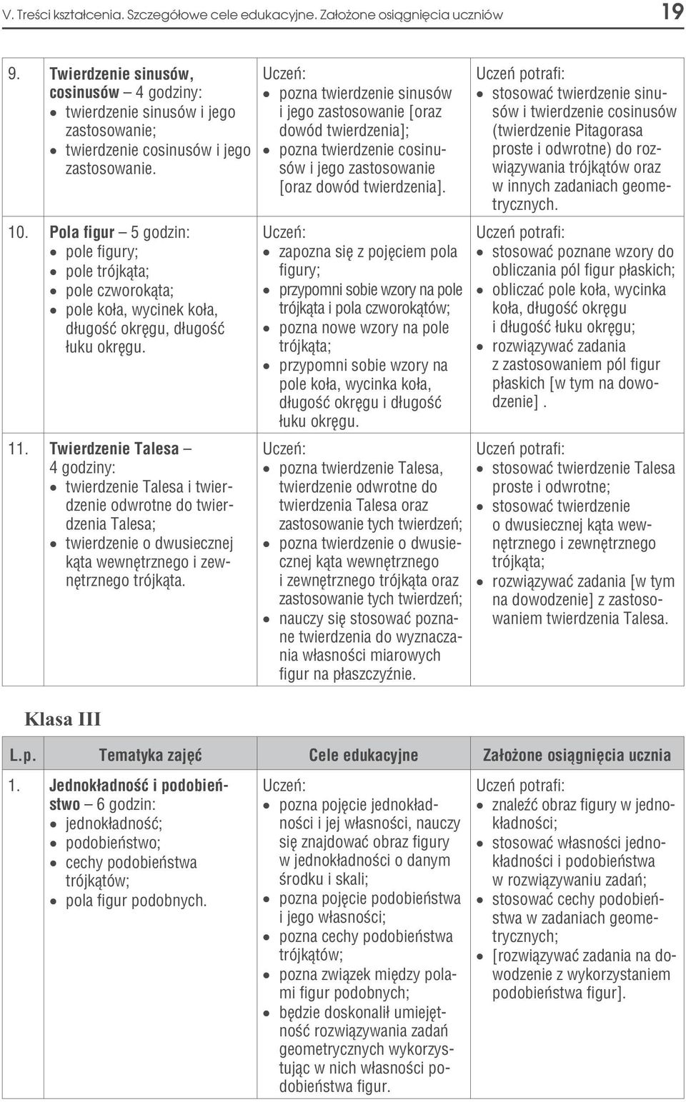 Pola figur 5 godzin: pole figury; pole trójk¹ta; pole czworok¹ta; pole ko³a, wycinek ko³a, d³ugoœæ okrêgu, d³ugoœæ ³uku okrêgu. 11.