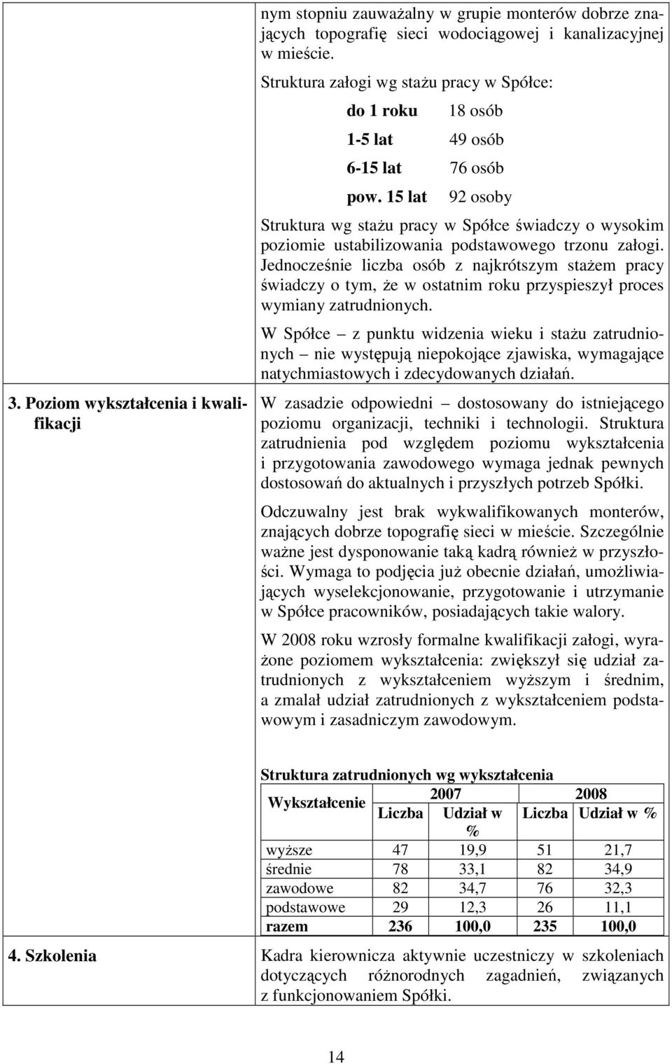 15 lat 92 osoby Struktura wg staŝu pracy w Spółce świadczy o wysokim poziomie ustabilizowania podstawowego trzonu załogi.