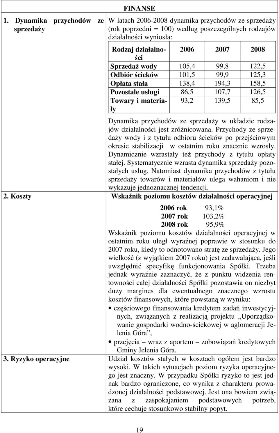 sprzedaŝy w układzie rodzajów działalności jest zróŝnicowana. Przychody ze sprzedaŝy wody i z tytułu odbioru ścieków po przejściowym okresie stabilizacji w ostatnim roku znacznie wzrosły.