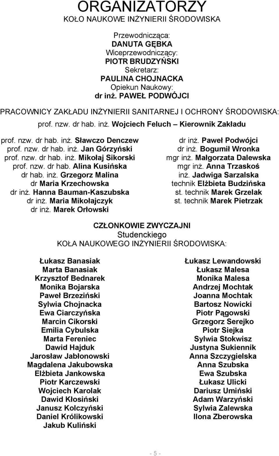 nzw. dr hab. inż. Mikołaj Sikorski prof. nzw. dr hab. Alina Kusińska dr hab. inż. Grzegorz Malina dr Maria Krzechowska dr inż. Hanna Bauman-Kaszubska dr inż. Maria Mikołajczyk dr inż.