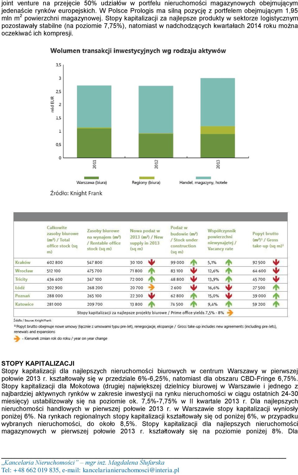 Stopy kapitalizacji za najlepsze produkty w sektorze logistycznym pozostawały stabilne (na poziomie 7,75%), natomiast w nadchodzących kwartałach 2014 roku można oczekiwać ich kompresji.