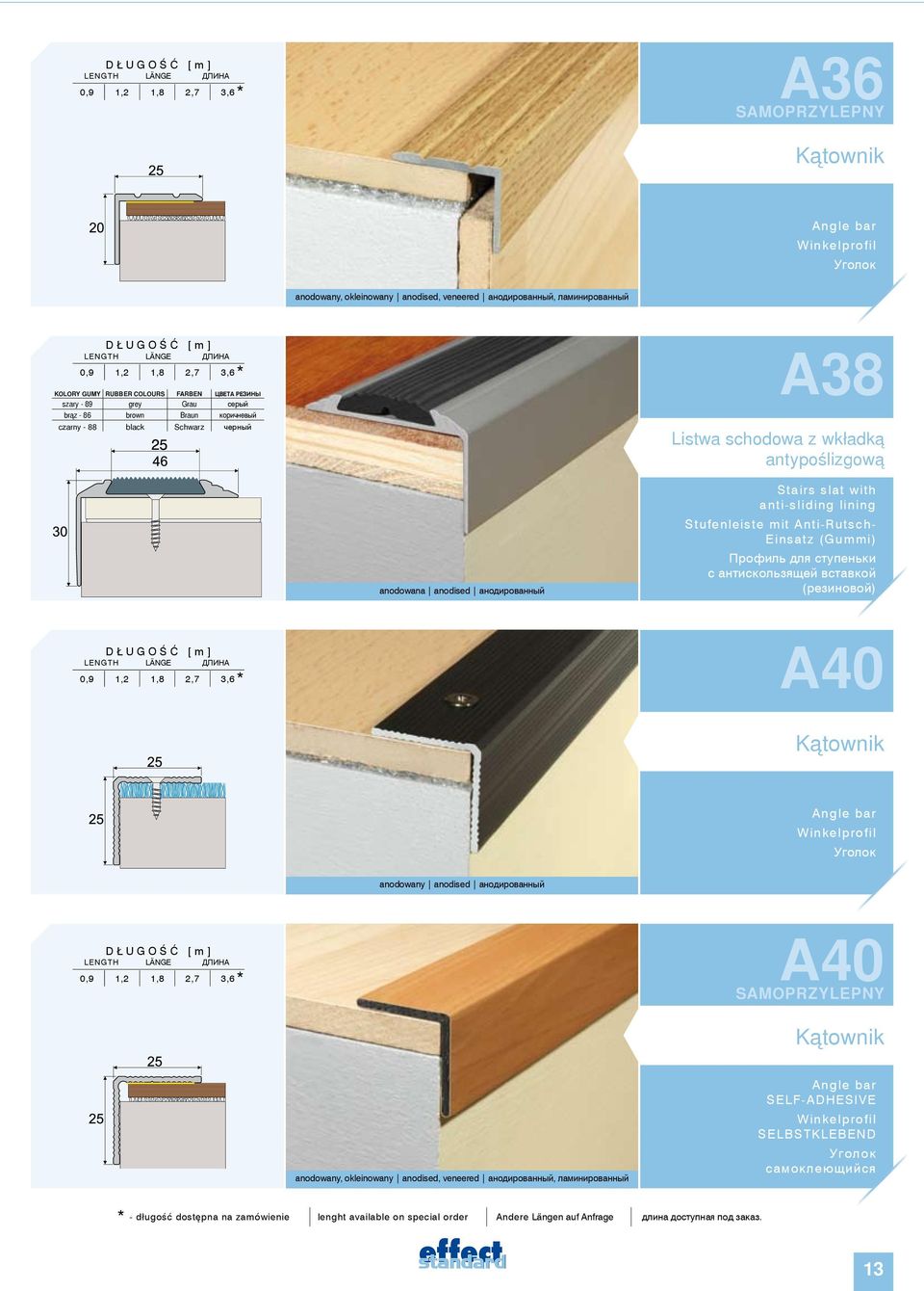 Stairs slat with anti-sliding lining Stufenleiste mit Anti-Rutsch- Einsatz (Gummi) Профиль для ступеньки с антискользящей вставкой (резиновой) A40 0,9 1,2 1,8 2,7 3,6* kątownik Angle bar Winkelprofil