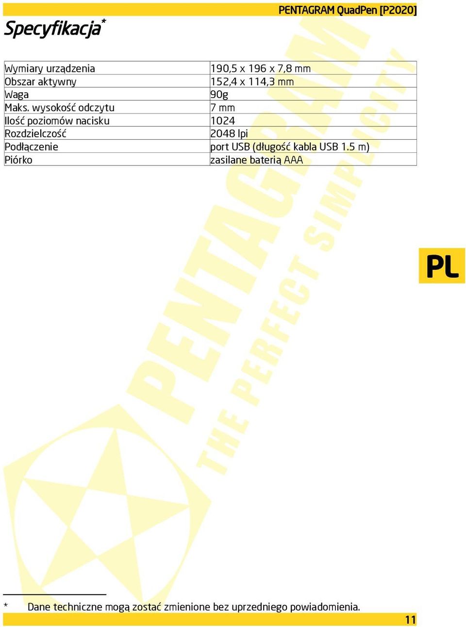 wysokość odczytu 7 mm Ilość poziomów nacisku 1024 Rozdzielczość 2048 lpi Podłączenie