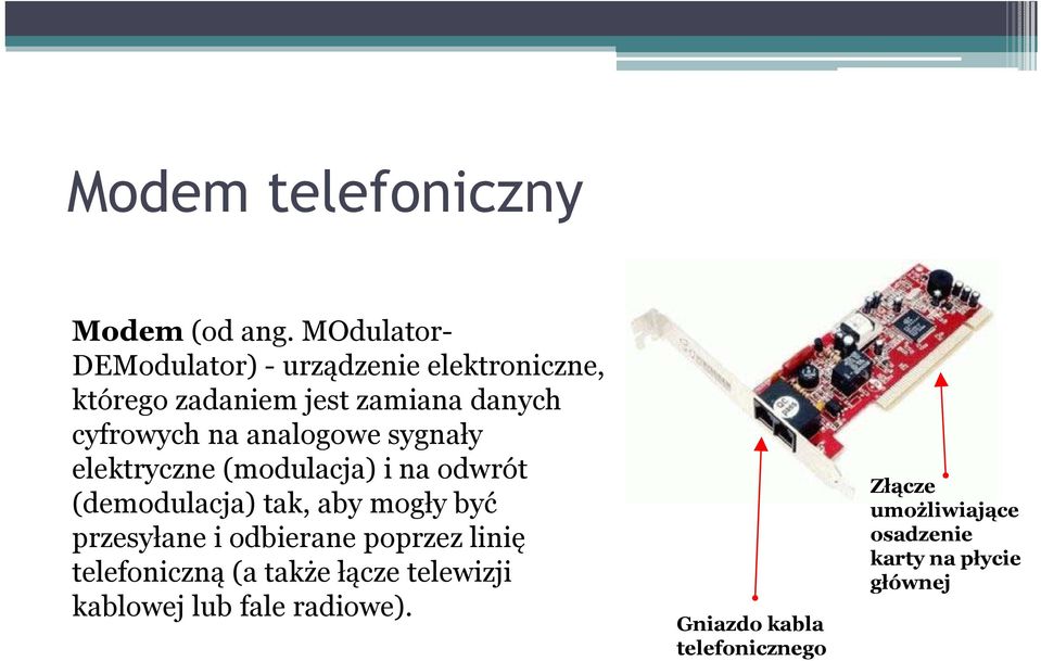 analogowe sygnały elektryczne (modulacja) i na odwrót (demodulacja) tak, aby mogły być przesyłane i