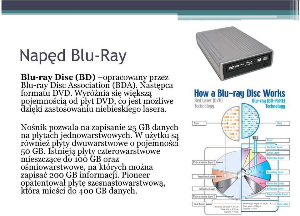 Nośnik pozwala na zapisanie 25 GB danych na płytach jednowarstwowych. W użytku są również płyty dwuwarstwowe o pojemności 50 GB.