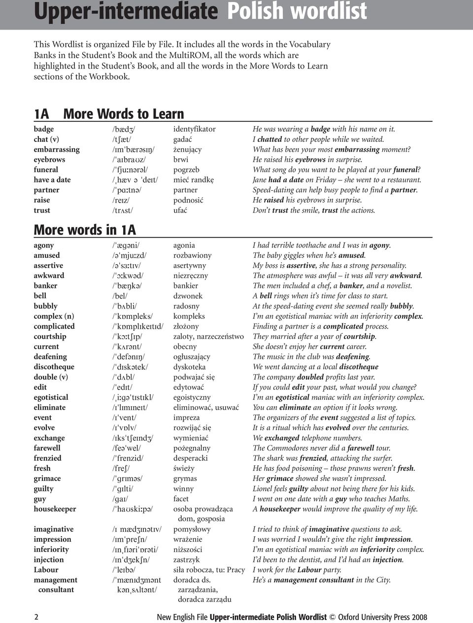 sections of the Workbook. 1A More Words to Learn badge /b&dz/ identyfikator He was wearing a badge with his name on it. chat (v) /ts&t/ gadać I chatted to other people while we waited.