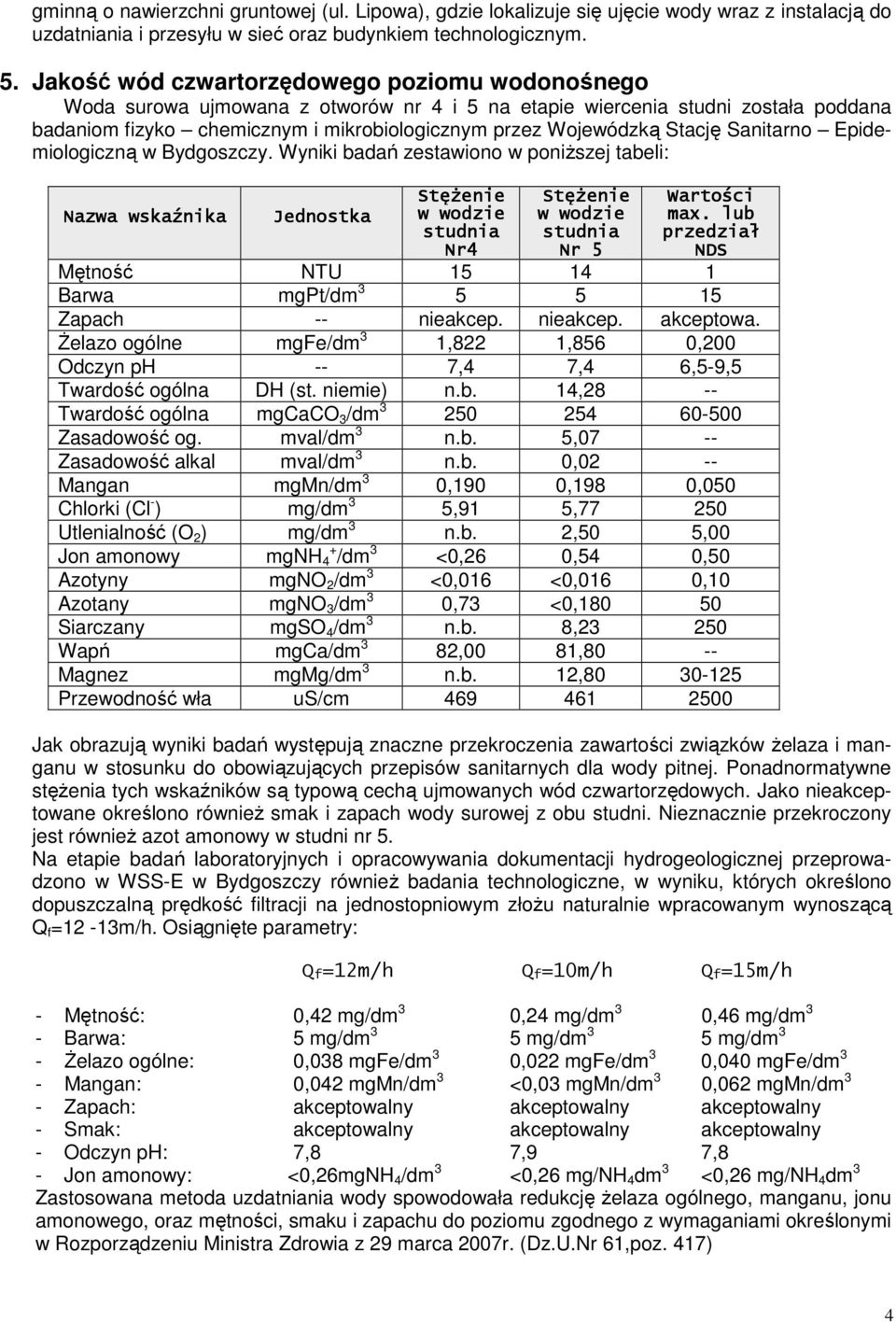 Stację Sanitarno Epidemiologiczną w Bydgoszczy. Wyniki badań zestawiono w poniższej tabeli: Nazwa wskaźnika Jednostka Stężenie Stężenie Wartości w wodzie w wodzie max.