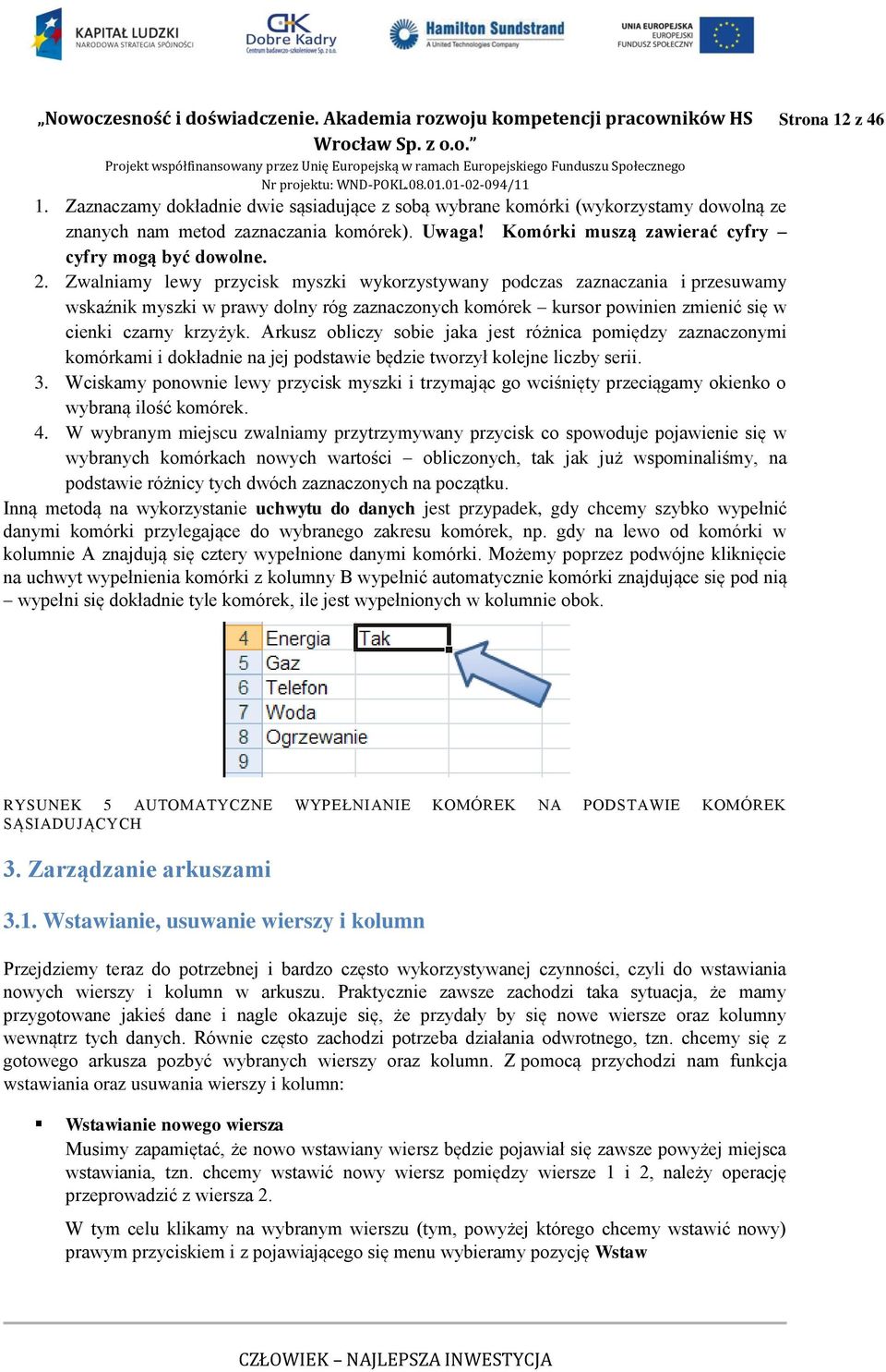 Zwalniamy lewy przycisk myszki wykorzystywany podczas zaznaczania i przesuwamy wskaźnik myszki w prawy dolny róg zaznaczonych komórek kursor powinien zmienić się w cienki czarny krzyżyk.