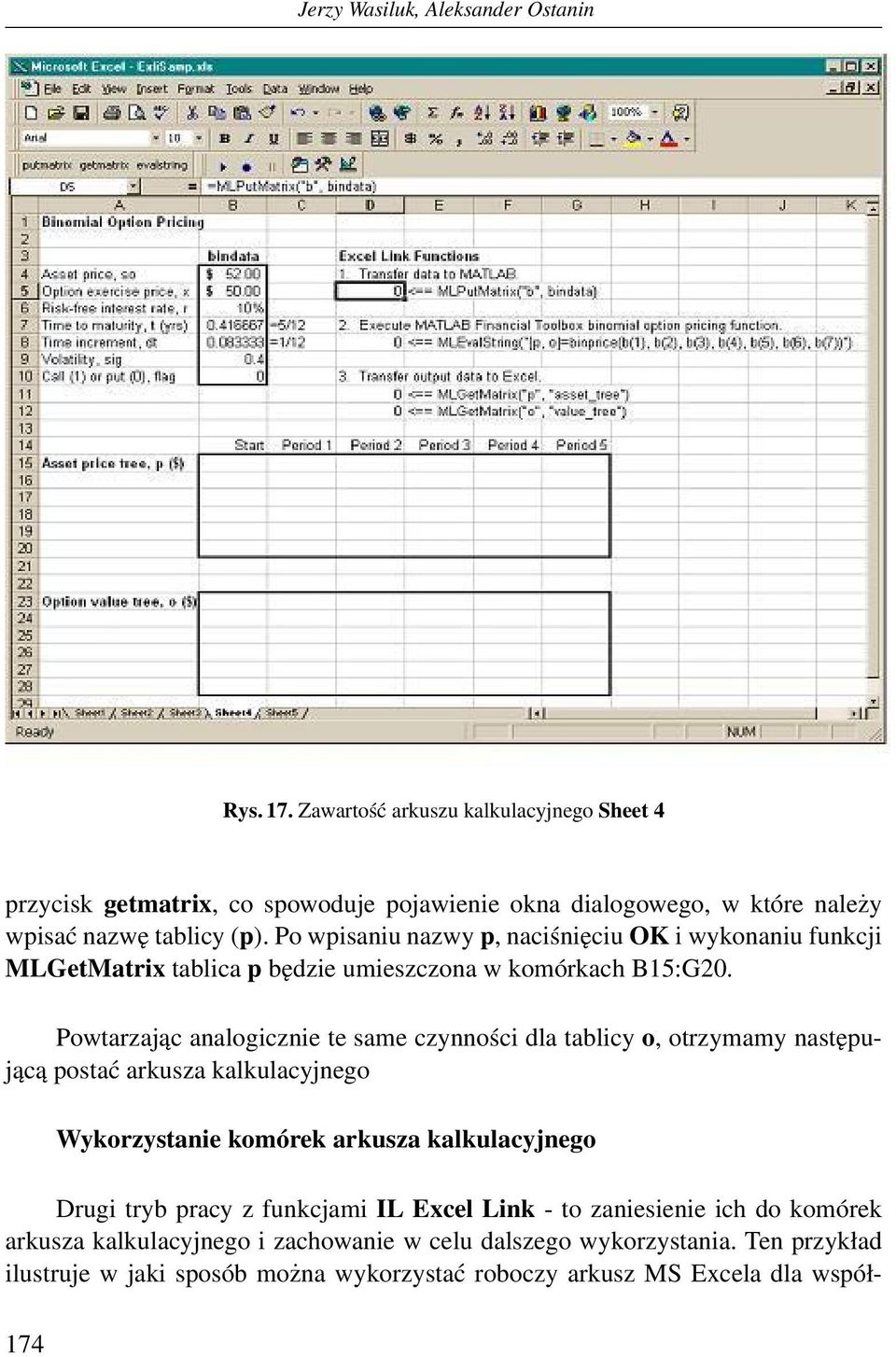 Po wpisaniu nazwy p, naciśnięciu OK i wykonaniu funkcji MLGetMatrix tablica p będzie umieszczona w komórkach B15:G20.