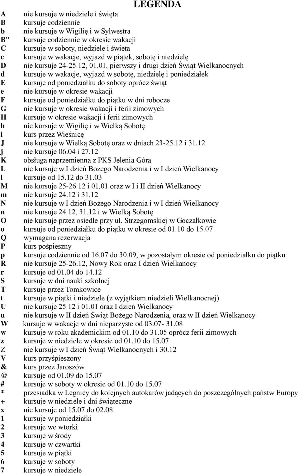 0, pierwszy i drugi dzień Świąt Wielkanocnych d kursuje w wakacje, wyjazd w sobotę, niedzielę i poniedziałek E kursuje od poniedziałku do soboty oprócz świąt e nie kursuje w okresie wakacji F kursuje