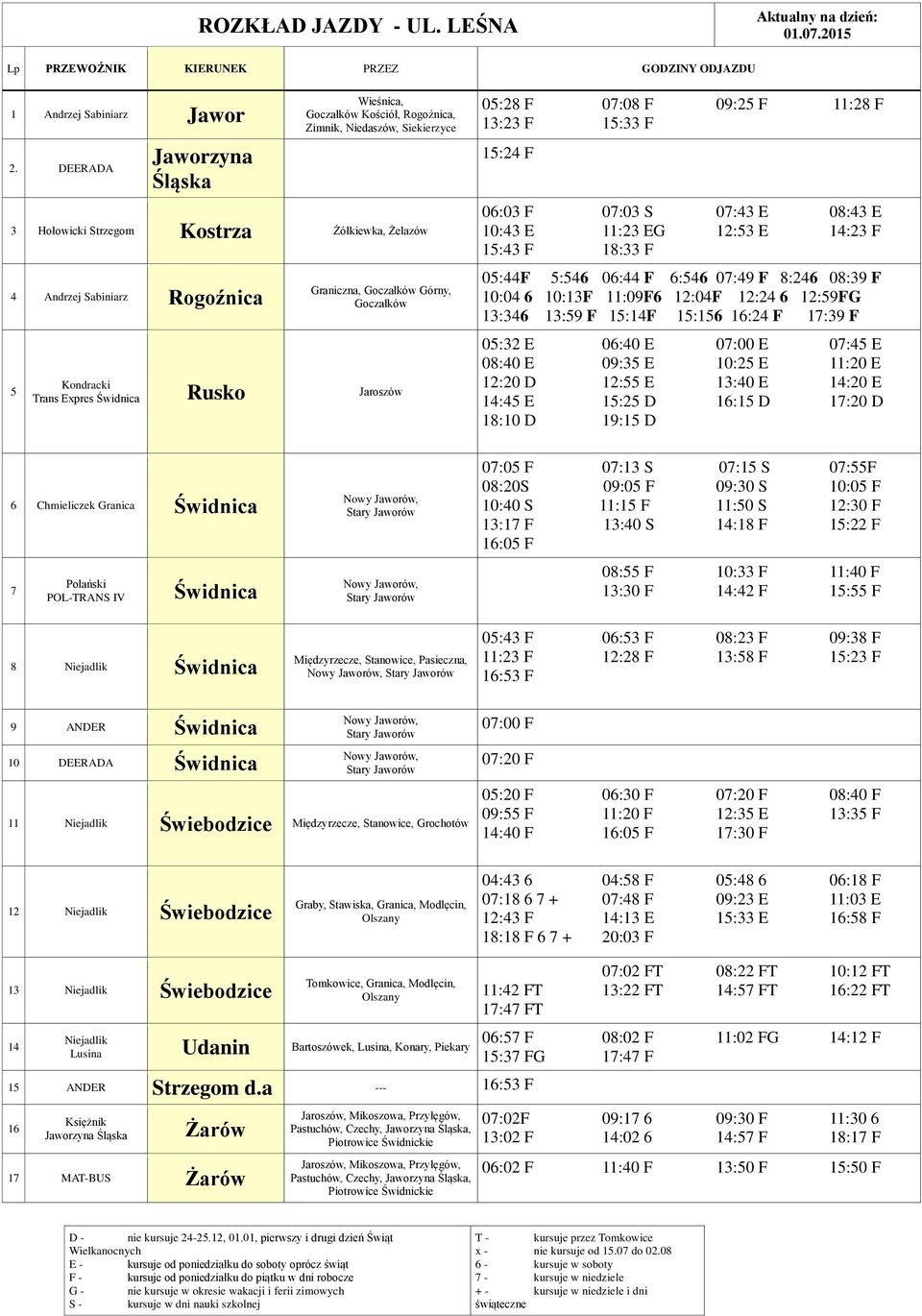 Goczałków Kondracki Trans Expres Rusko Jaroszów 05:8 F 07:08 F 09:5 F :8 F : F 5: F 5:4 F 06:0 F 07:0 S 07:4 E 08:4 E 0:4 E : EG :5 E 4: F 5:4 F 8: F 05:44F 5:546 06:44 F 6:546 07:49 F 8:46 08:9 F