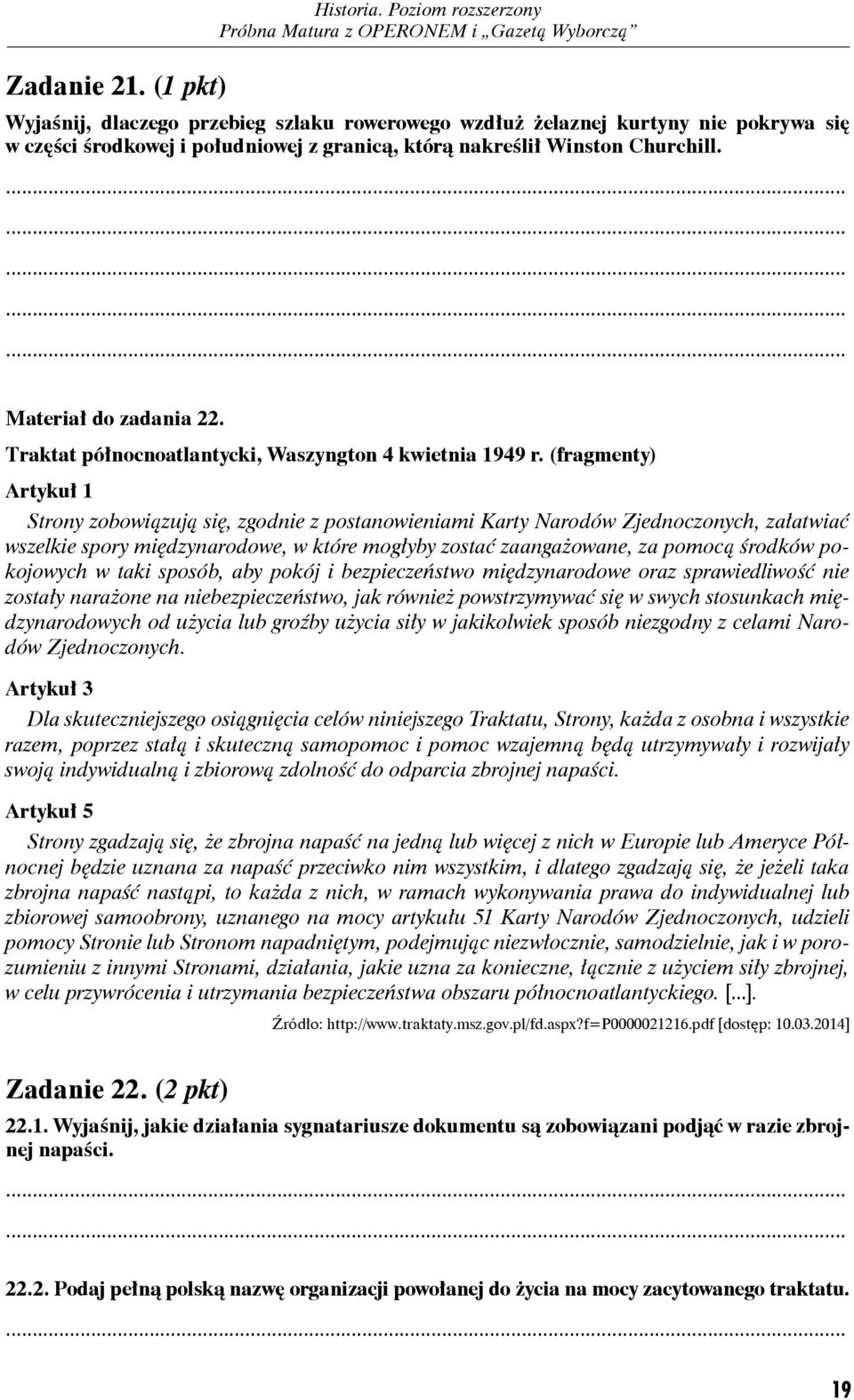 Materiał do zadania 22. Traktat północnoatlantycki, Waszyngton 4 kwietnia 1949 r.