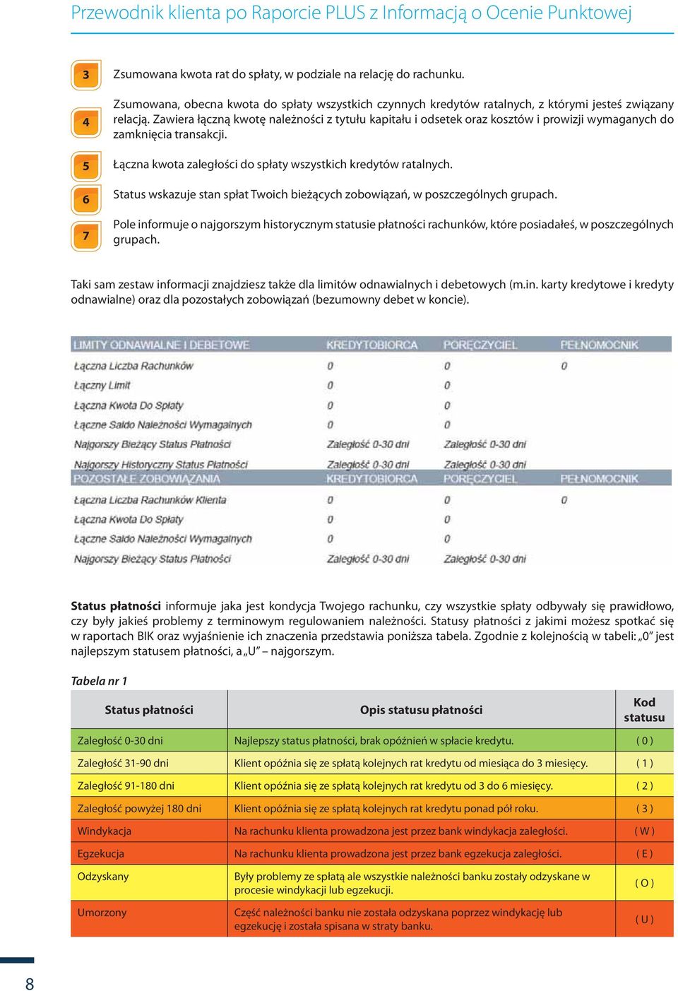 Status wskazuje stan spłat Twoich bieżących zobowiązań, w poszczególnych grupach. Pole informuje o najgorszym historycznym statusie płatności rachunków, które posiadałeś, w poszczególnych grupach.