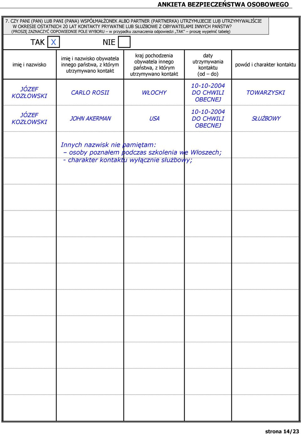 pochodzenia obywatela innego państwa, z którym utrzymywano kontakt daty utrzymywania kontaktu (od do) powód i charakter kontaktu JÓZEF CARLO ROSII WŁOCHY 10-10-2004 DO CHWILI OBECNEJ