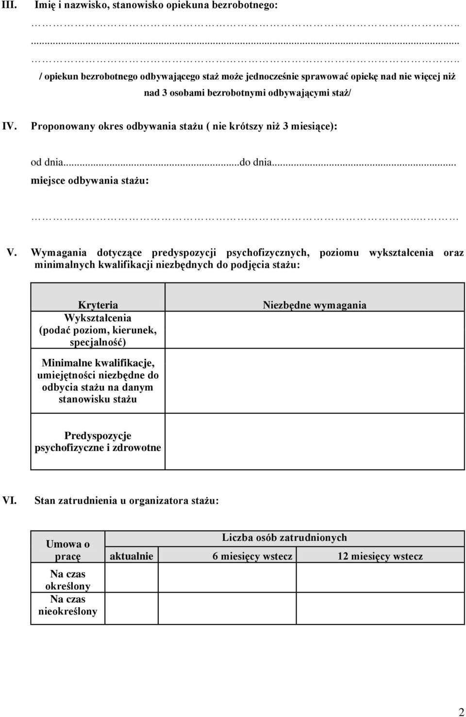 Proponowany okres odbywania stażu ( nie krótszy niż 3 miesiące): od dnia...do dnia... miejsce odbywania stażu:.. V.