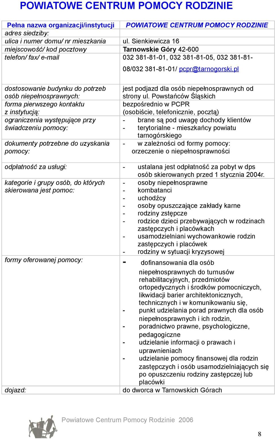 pl forma pierwszego kontaktu z instytucją: jest podjazd dla osób niepełnosprawnych od strony ul.